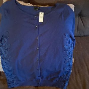 Talbots navy short sleeve cardigan with lace sides size Large